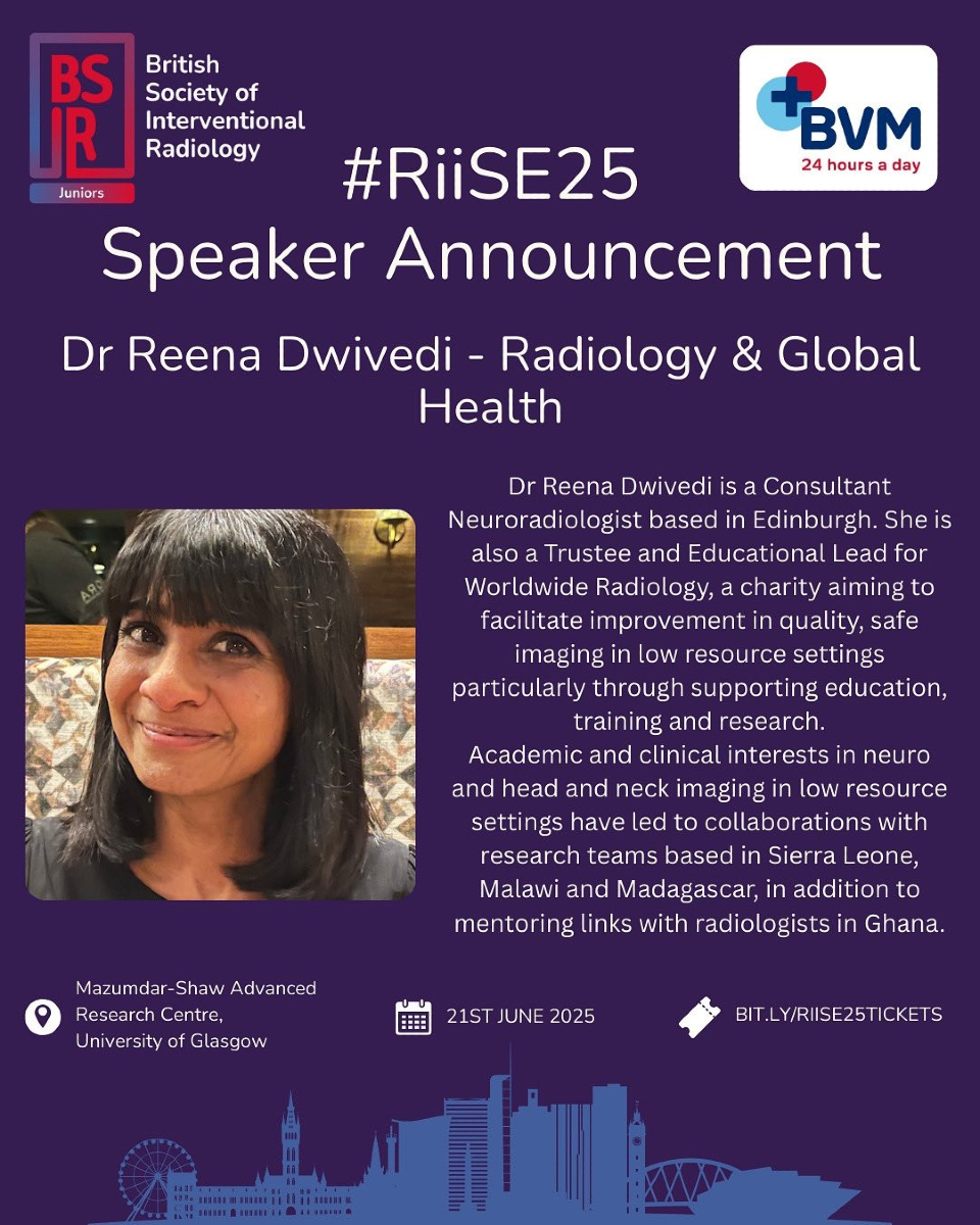 The British Society of Interventional Radiology (@bsir_news) on Twitter photo #RiiSE25 Speaker Announcement!
We're thrilled to welcome <a href="/ReenaDwivedi83/">Reena Dwivedi</a>, Consultant Neuroradiologist, to the RiiSE25 Speaker Lineup!
21st June 2025
Mazumdar-Shaw Advanced Research Centre, University of Glasgow
Tickets: tinyurl.com/3x3w92pv
<a href="/IR_Juniors/">IR Juniors</a> #RiiSE25 Speaker Announcement!
We're thrilled to welcome <a href="/ReenaDwivedi83/">Reena Dwivedi</a>, Consultant Neuroradiologist, to the RiiSE25 Speaker Lineup!
21st June 2025
Mazumdar-Shaw Advanced Research Centre, University of Glasgow
Tickets: tinyurl.com/3x3w92pv
<a href="/IR_Juniors/">IR Juniors</a>