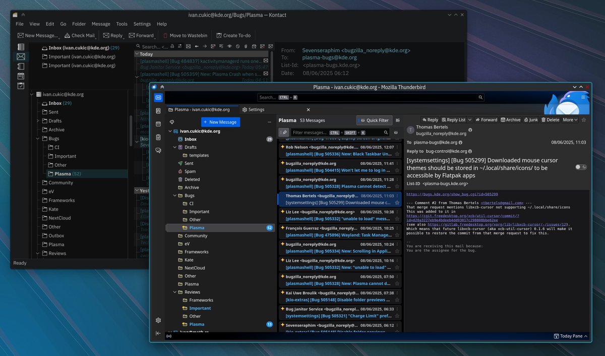 ivan_cukic's tweet image. #Mozilla #Thunderbird has come a long way since I last tried it.

I&apos;ve been using #KDE #KMail for decades now, and had a few days breakage due to running the development version, during which I set up TB as a fallback. Looks much nicer than it used to, DAV integration works...