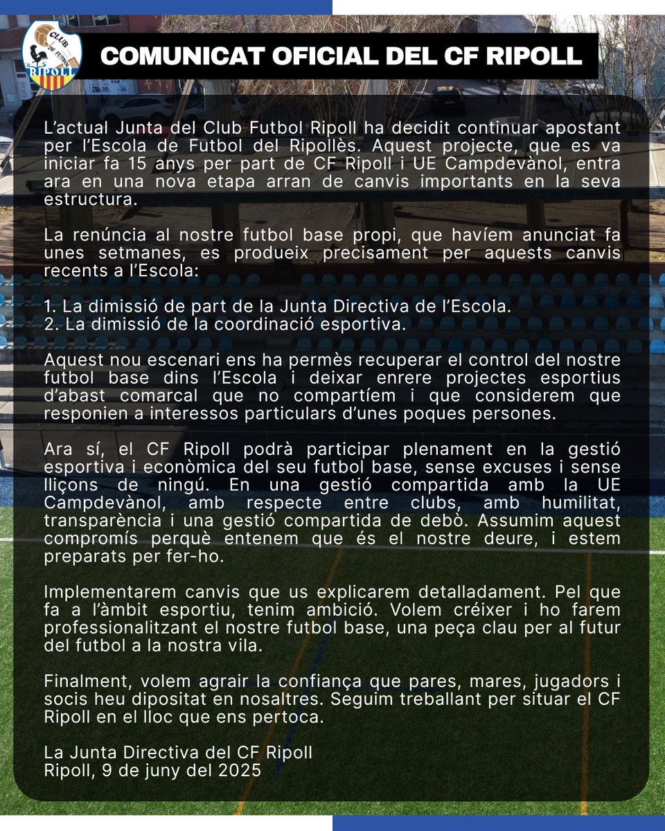 📣 COMUNICAT OFICIAL | Escola de Futbol del Ripollès.

#CFRipoll #FutbolBase #FutbolRipollès