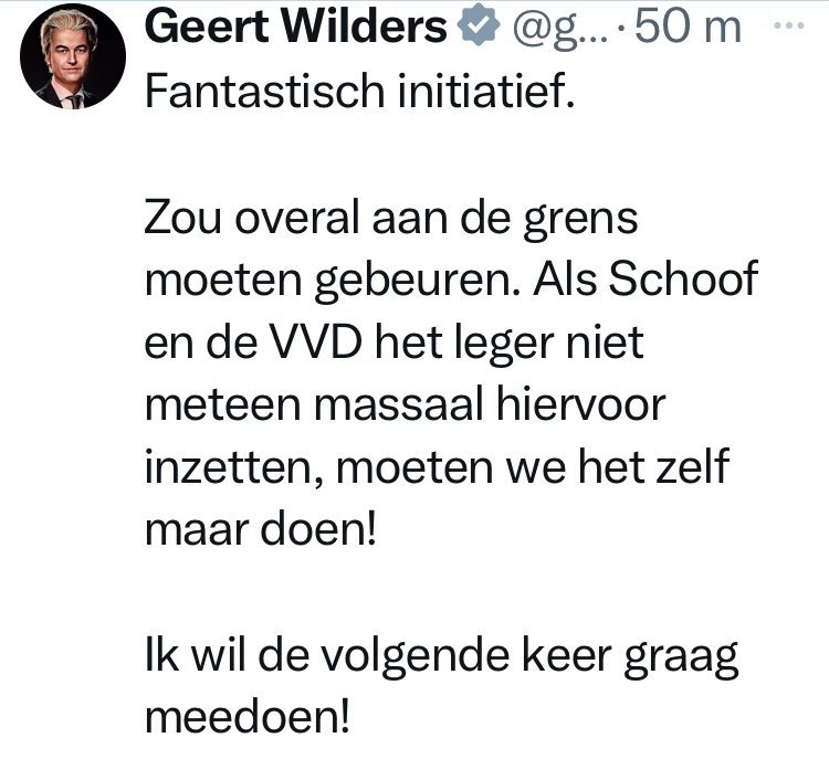 Ik hou niet van wegblokkades. Niet door XR niet door protesterende boeren, niet door blokkeerfriezen en zéker niet door een soort burgermilities die denken politietaken uit te kunnen voeren. Dat #Wilders dit toejuicht laat zien wat een volslagen idioot hij is!