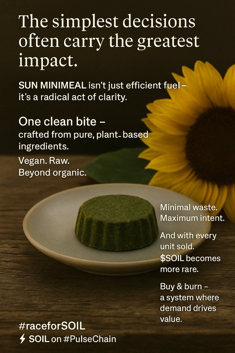 🌿 The simplest decisions often carry the greatest impact.

<a href="/SUNMINIMEAL/">SUN Minimeal</a> isn’t just efficient fuel –
it’s a radical act of clarity.

One clean bite –
crafted from pure, plant-based ingredients.
Vegan. Raw. Beyond organic.

Minimal waste. Maximum intent.
And with every unit sold,