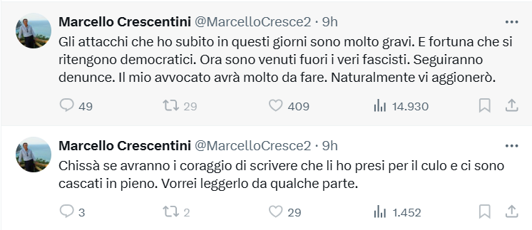 Pensieri notturni di <a href="/MarcelloCresce2/">Marcello Crescentini</a>:
#Hastatounoscherzo
Il fascio-coglione non si è reso ancora conto di tutte le boiate che ha scritto.
Adesso denuncia #stocazzo