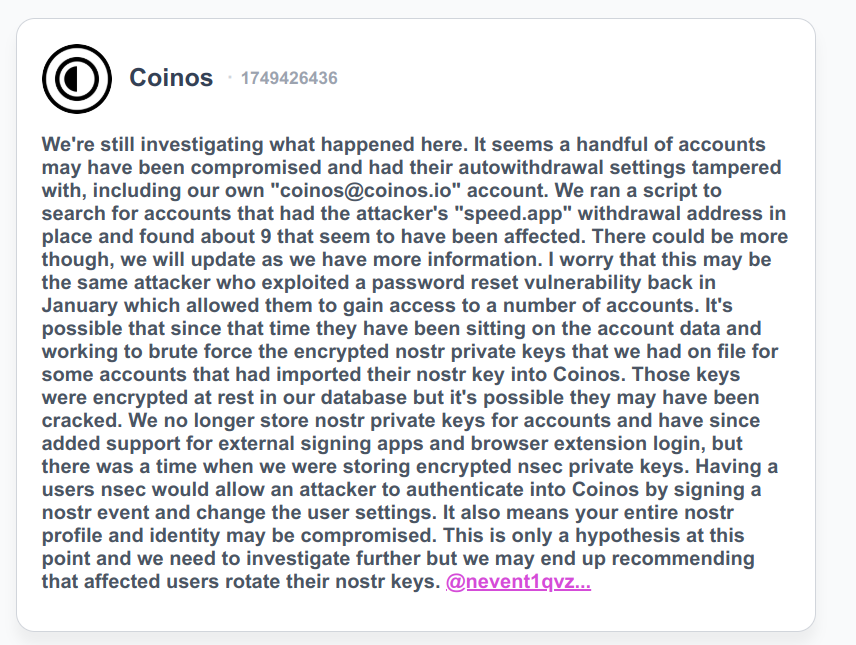 LightningNewsX's tweet photo. JUST IN: 🚨 New incident impacts Coinos Wallet users:
"A number of accounts may have been compromised" https://t.co/5UKWqvdTtZ