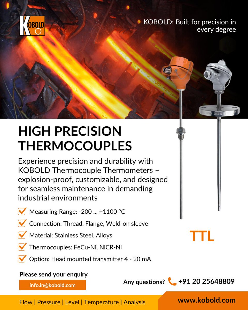 The KOBOLD thermocouple thermometers

kobold.com/Thermocouples-…

☎ 020 25648809 | 📧 marketing.in@kobold.com | 🌐 kobold.com

#instrumentation #processautomation #temperaturemeasurement #thermocouples #industrialautomation #exproof #fielddevices #koboldindia