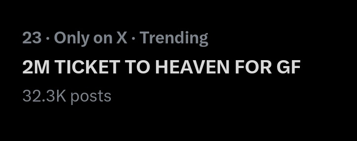 Trending No. 23 in Philippines 🇵🇭 

2M TICKET TO HEAVEN FOR GF 
#น้องตั๋ว2ล้านวิวรอเจมโฟ้ด
#GeminiFourth #เจมีไนน์โฟร์ท