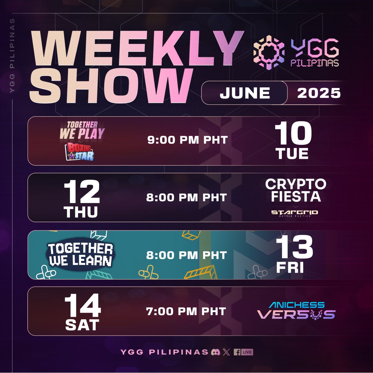 Same time this week? 🤝🏻

Nagsisimula nang umulan, umuulan rin ng new ganaps ang ating weekly shows! Get ready for new things, new games, new opportunities this week. Mark your calendars and get ready to vibe with us!