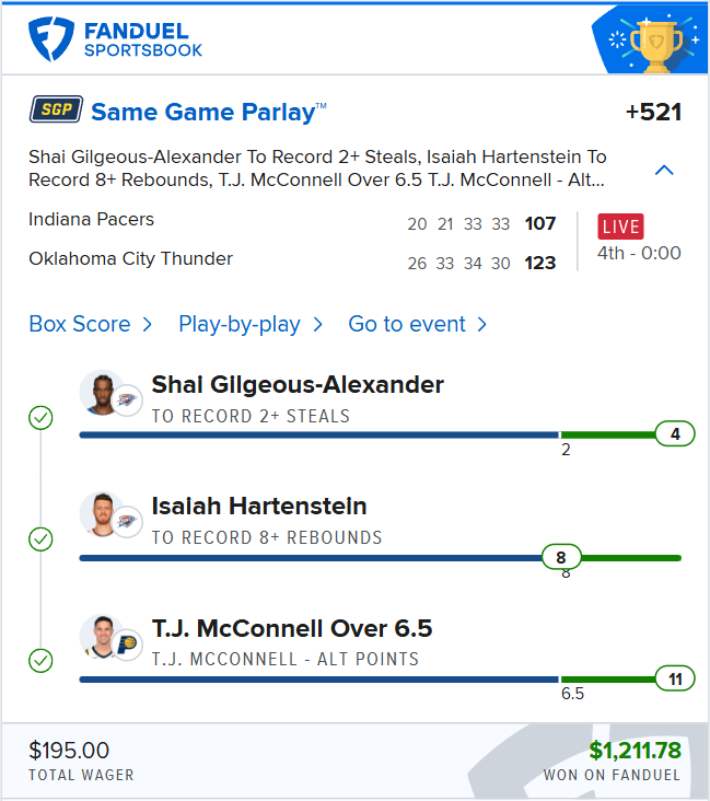 Strategic_Plays's tweet photo. 🚨 NBA Finals Pacers x Thunder Game 2 Parlay Win!!

💰 $1,200

✅ Shai Gilgeous-Alexander: 2+ Steals
✅ Isaiah Hartenstein: 8+ Rebounds
✅ T. J. McConnell: 6.5+ Points

🔔 For more plays daily join VIP here -> https://t.co/Ri2ZFuacle

Follow @Strategic_Plays

Let’s cash in together! 🙏💸

@NBA @FDSportsbook @okcthunder @Pacers
#NBA #NBAFinals #FanDuel #Fanduelparlay