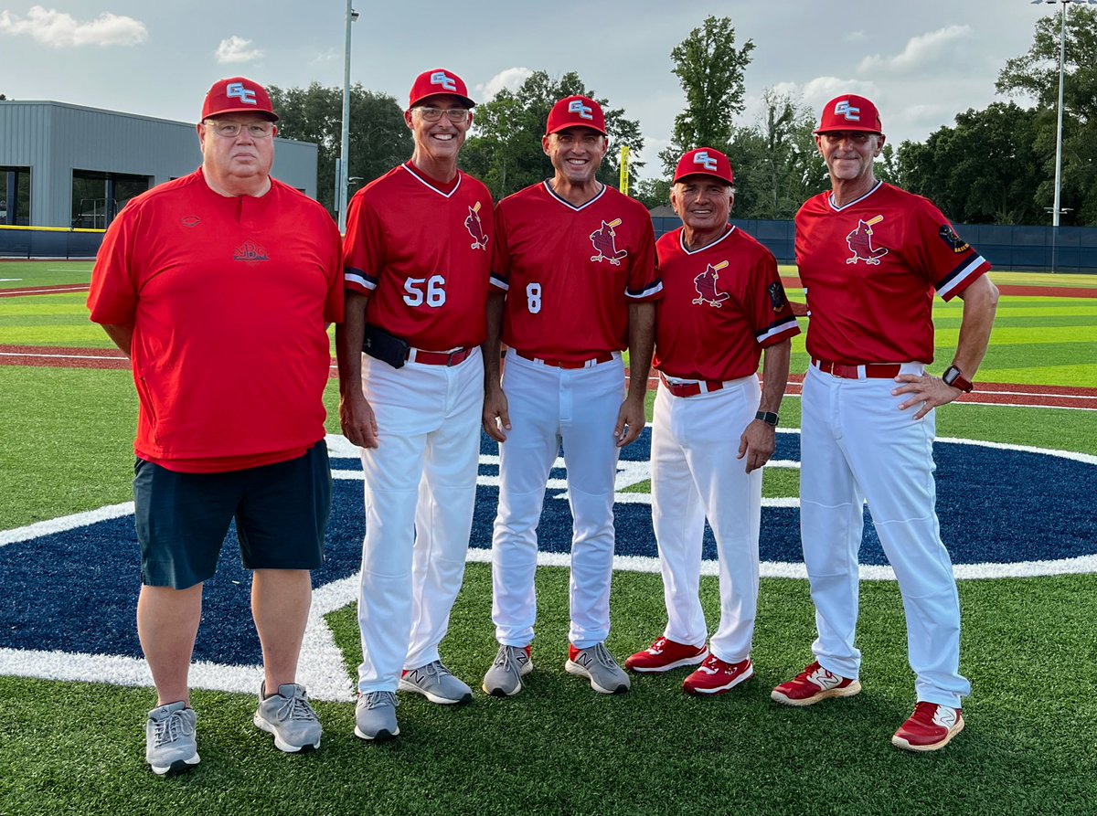 Your 2025 Cardinals Coaching Staff (from left to right) General Manager Kelley McWilliams, Coach Kirk Bullinger, Head Coach Danny Riehm, Coach Oliver Lacoste, and Coach Kevin Johnson. 

Looking forward to a highly successful summer season! Go Cards! ⚾️🇺🇸
