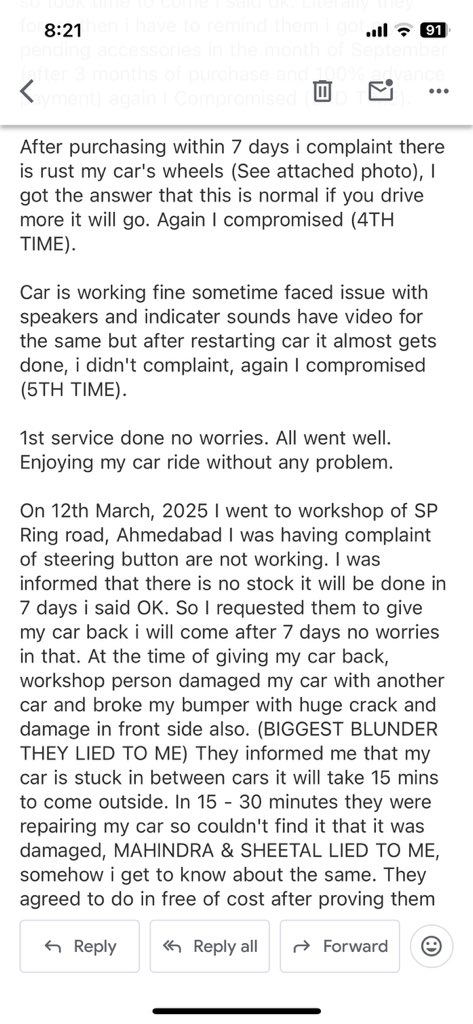HarshDavee's tweet photo. #Mahindra break middle class person dream, my small story with my Mahindra Car read before purchase.. TOTALLY UNSATISFYING.. Sheetal motors need to think twice..
@anandmahindra @MahindraRise @Mahindra_Auto @MahindraXUV3XO @Sheetalmotors @jagograhakjago https://t.co/SnKVjKALXN