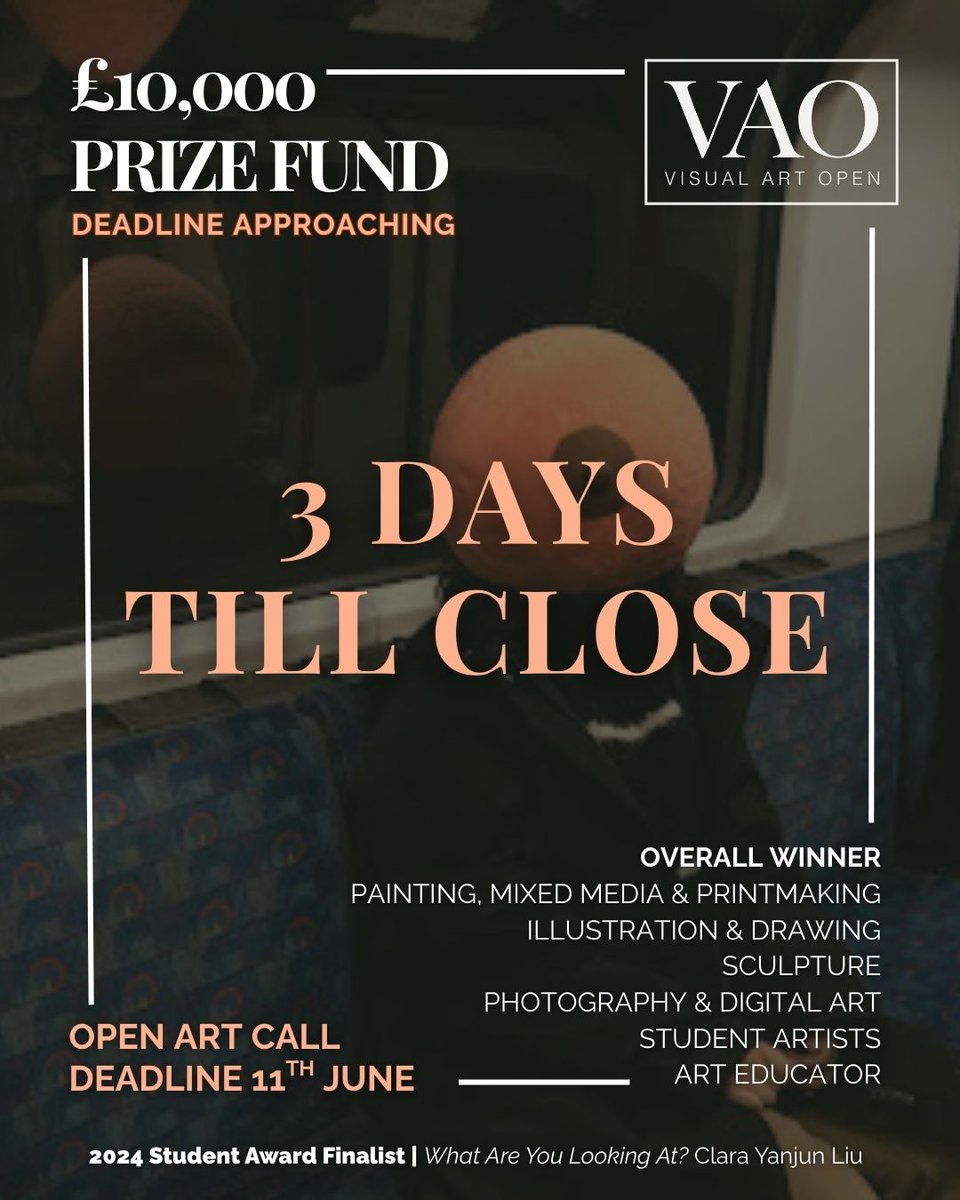 VAAartists's tweet image. 📢 Time is running out! With just 3 days remaining until the Visual Art Open 2025 deadline, this is your final opportunity to put your work on a global stage and be seen by industry leaders.

Apply now – before it’s too late!

#VisualArtOpen #VAO2025