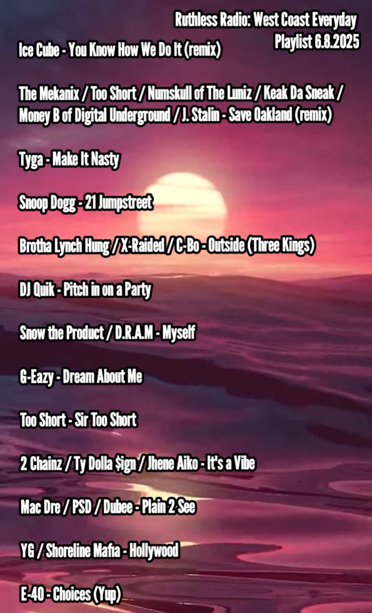 My favorite radio show. 

Playlist for Sunday 6.8.2025

#WestCoastEveryday <a href="/Q971radio/">Q97.1 Radio</a>