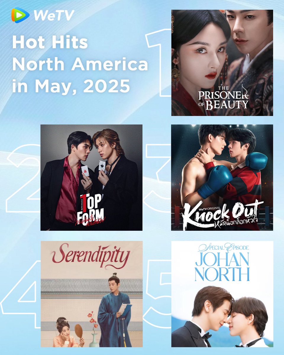 #WeTV North America Hot Hits in May 🔥

Get ready for more good dramas are on WeTV❤️‍🔥

#ThePrisonerofBeauty #折腰 
#TopFormTheSeries #泰版我让最想被拥抱的男人给威胁了 
#KnockOutTheSeries #擂台恋人 
#Serendipity #榜上佳婿 
#SpecialEpisodeJohanNorth #四方极爱 

#WeTVRanking