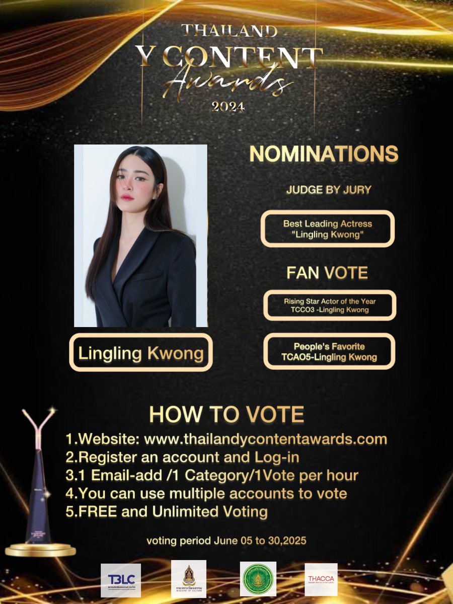 GDALinglingFans's tweet photo. 🔥🔥 Let's vote Lingling Kwong for "Thailand Y Content Awards" 🙏🏻🙏🏻🙏🏻

🗳️ Free vote via: 

⭐️⭐️Rising Star of the Year - Lingling Kwong (only female in the nominee list : Focus🎈)⭐️⭐️
🔗: https://t.co/aLRg4sW23v

People's Choice - Lingling Kwong
🔗: https://t.co/ahSByFOQ1T

Note: you can vote in every 1 hour (please register first) /1 mail

Voting period : 5th - 30th June 2025.

#linglingkwong‌ #หลิงหลิงคอง
