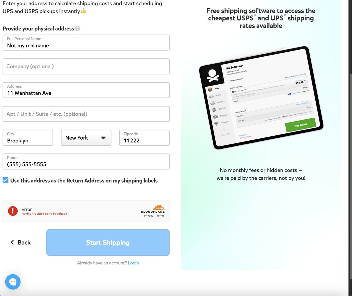 jayl_ane's tweet photo. @pirateship the cloudflare captchas are failing 100% of the time when trying to create a free account on your site right now. I removed my real info for the purpose of the screenshot. https://t.co/M1ehEkYLaO
