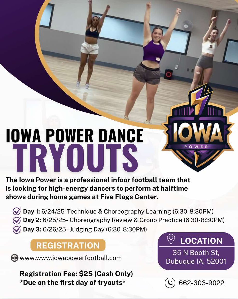 Iowa_Power's tweet image. Ready to dance under the lights? 💃⚡️ Join the Iowa Power Dance Team and bring the energy to game day!
#IowaPower #DanceTryouts #PowerUp #DubuqueEvents #ArenaFootball #DanceLife #FiveFlagsCenter #GameDayVibes