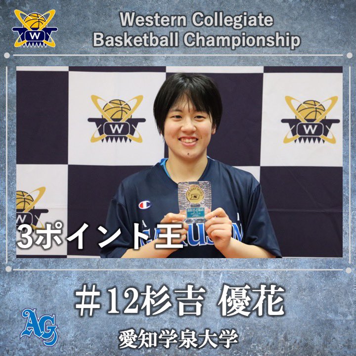 wcbc_info's tweet image. 【男子第75回 女子第74回 西日本学生バスケットボール選手権大会閉幕】

《個人賞》
リバウンド王45本：大倉 悠利
No.20(4年・愛知学泉大学)

3ポイント王9本：杉吉 優花
No.12(4年・愛知学泉大学)

#wcbc
#西日本大会
#大学バスケ