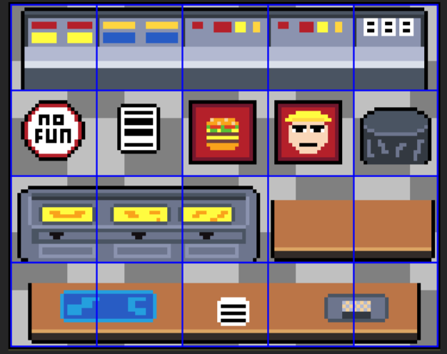Jambuckett's tweet photo. My McDonalds Tile sheet
yes I took inspiration from 1985...
My managers spent HOURS in the office watching us on the cameras
#gamedev #gamedevupdate #sologamedev #godotgame #pixelartgame #newgamedev #indiegamedev #fastfoodworkers #fastfoodgame #2dgame #conceptart #prototype https://t.co/S1HUPAYxTv