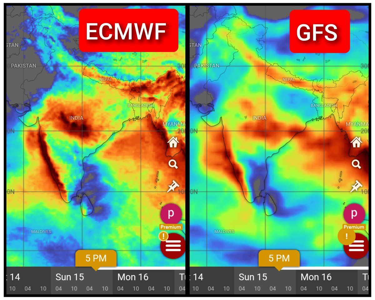 The ECMWF and GFS models forecast total rainfall from June 15-22. There's general agreement on heavy rain over the West Coast, Telangana, eastern and northern Maharashtra, southern Madhya Pradesh, Chattisgarh, and Odisha. Also agreement regarding less rainfall over Bihar,