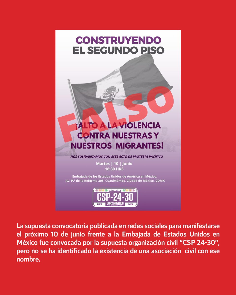 InfodemiaMx (@infodemiamex) on Twitter photo ❌Falsa convocatoria para manifestarse en la <a href="/USEmbassyMEX/">Embajada EU en Mex</a> el 10 de junio
✅La supuesta convocatoria publicada en redes sociales para manifestarse el próximo 10 de junio frente a la Embajada de Estados Unidos en México fue convocada por la supuesta organización civil “CSP ❌Falsa convocatoria para manifestarse en la <a href="/USEmbassyMEX/">Embajada EU en Mex</a> el 10 de junio
✅La supuesta convocatoria publicada en redes sociales para manifestarse el próximo 10 de junio frente a la Embajada de Estados Unidos en México fue convocada por la supuesta organización civil “CSP