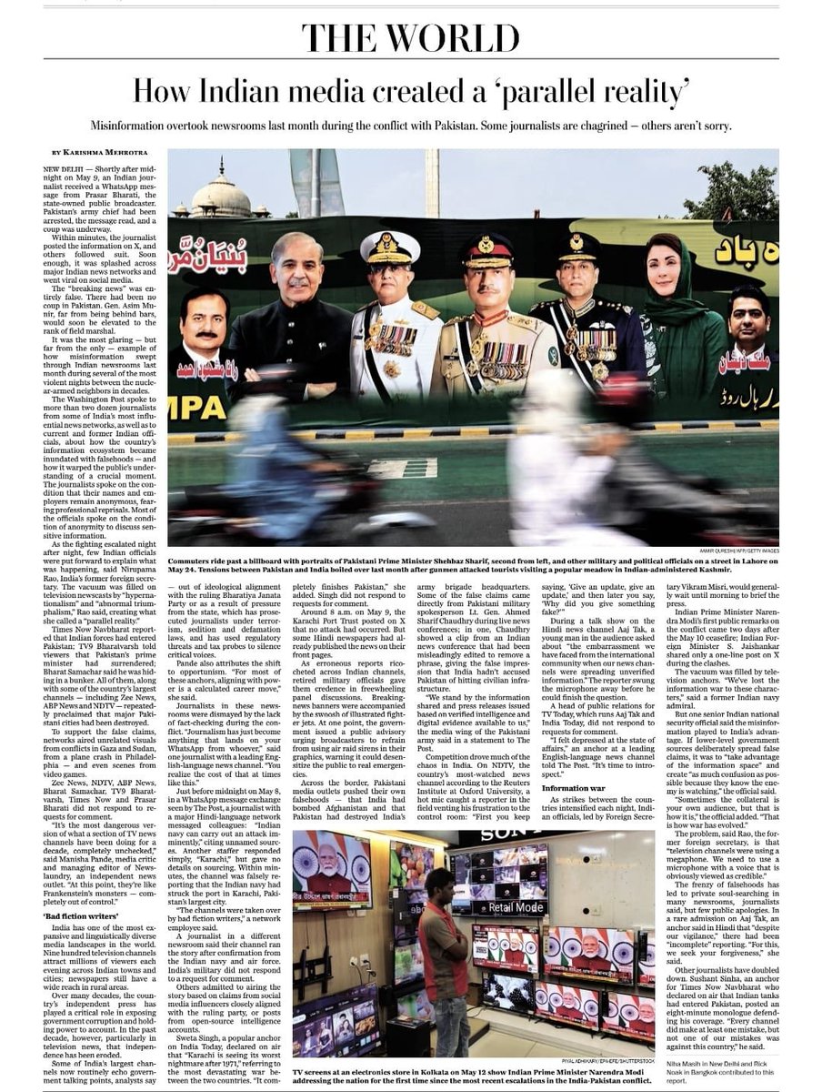 How Indian media created a ‘parallel reality’.

“Sushant Sinha, an anchor for Times Now Navbharat who declared on air that Indian tanks had entered Pakistan, posted an eight-minute monologue defending his coverage.
"Every channel did make at least one mistake, but not one of our