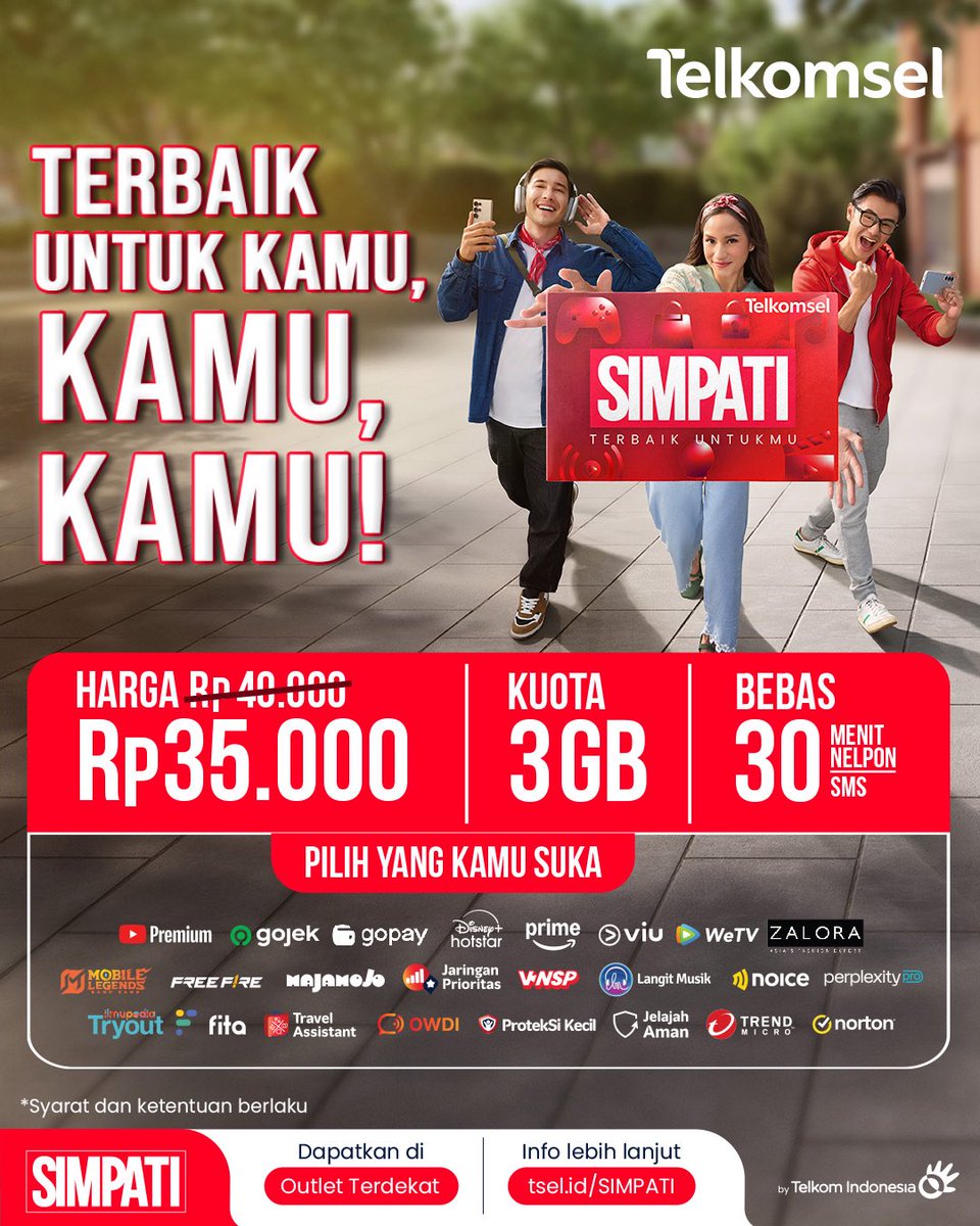 SIMPATI's tweet image. Hari-hari kamu gak jauh dari nonton, game, musik, belanja online, dan belajar?
Dengan kartu perdana SIMPATI, kamu bisa dapetin beragam benefit! 

35ribu sudah termasuk kuota 3GB dan nelpon 30 menit + SMS!

Info lengkap: tsel.id/SIMPATI 
#SIMPATI #SimpatiTerbaikUntukmu