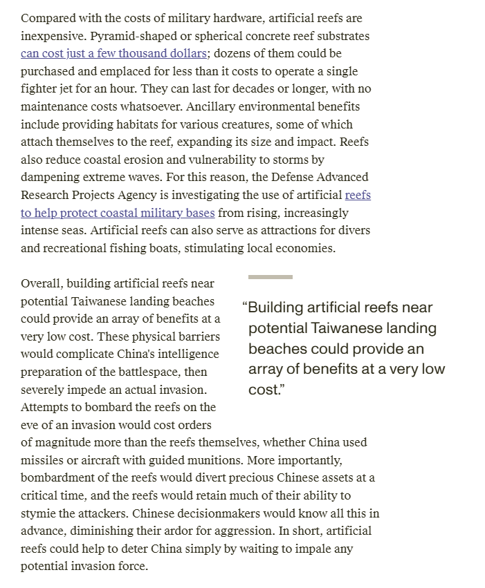 Not only are reefs a cornerstone of marine biodiversity, they could even be a strategic asset for Taiwan in complicating/deterring a potential invasion from Beijing. 
rand.org/pubs/commentar…