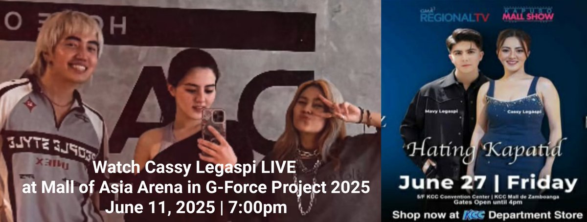 cassy_updates's tweet photo. Catch Cassy in #GForceProject2025 at Mall of Asia Arena on June 11, 2025 | 7:00pm - tickets available here:
π https://t.co/PRPYXlwO2R
Catch #CassyLegaspi and #MavyLegaspi at 5/Floor KCC Covention Center | KCC Mall de Zamboanga on June 27, 2025 | 7:00 pm | Friday https://t.co/S5WKg23cY9