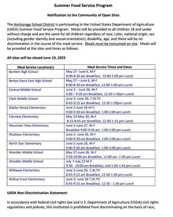 ASD Summer Meal Program  May 27 – June 26

Looking for free, nutritious meals for kids this summer? 

Check out the ASD Summer Meal Program running from May 27 to June 19 at multiple locations across the district!

No registration required—just stop by and enjoy!