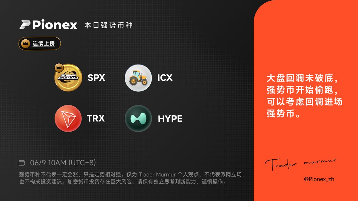 🏯6月9日 强势币种名单
$SPX, $ICX, $TRX, $HYPE

🫰🏻温馨提醒
筛选出的币种不代表一定会上涨，仅是相对更容易上涨、下跌风险较低。

#SPX #ICX #TRX #HYPE #Pionex
