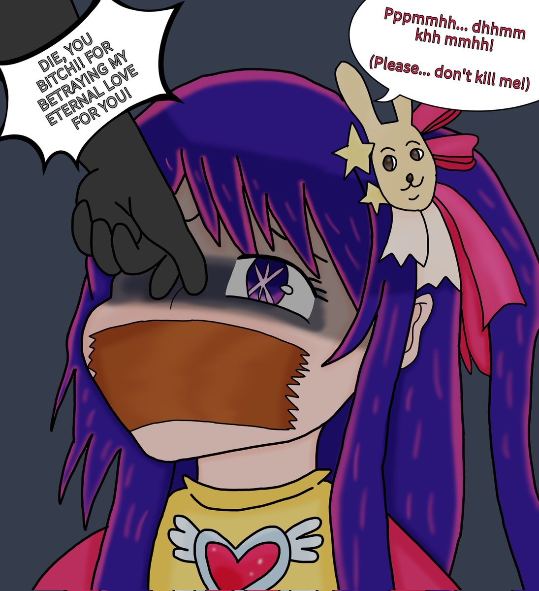 Being a famous idol has its own dangers, especially when you're married and taken captive by a broken heart obsessed stalker fan with murderous intent.

Base drawing drawn by: <a href="/Sayori_ddlc_exe/">Tsuki the ghost 👻🩵</a> 
Colored, redrawn &amp; written by myself