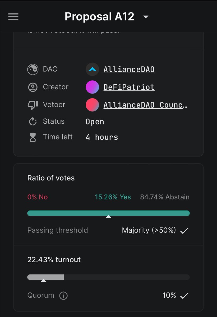 ⏰ Only 4 hours left to vote!

Prop to fund @Swiftsol 3,000 $LUNA for DAO bot dev/support until 3/15/26 on TG &amp; X is live on <a href="/DA0_DA0/">DAO DAO</a> 

These bots track sales, floors, and more across BBL + BoostDAO.

Cast your vote fellow Allies &amp; make it count 🫡
#TheAllianceDAO #Terra #NFTs