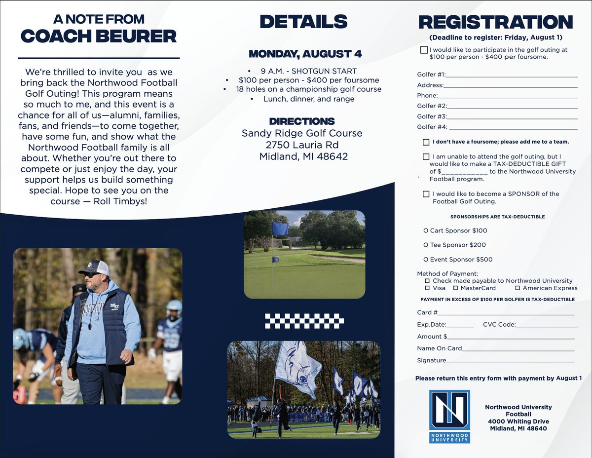 Calling all Northwood Football Alumni, Supporters, Friends, &amp; Families!
The Northwood Football Golf Outing is back! Join us on Friday, August 4th. Looking for foursomes + cart/tee/event sponsors. Great way to support the program &amp; reconnect! Register or sponsor via link/QR code.