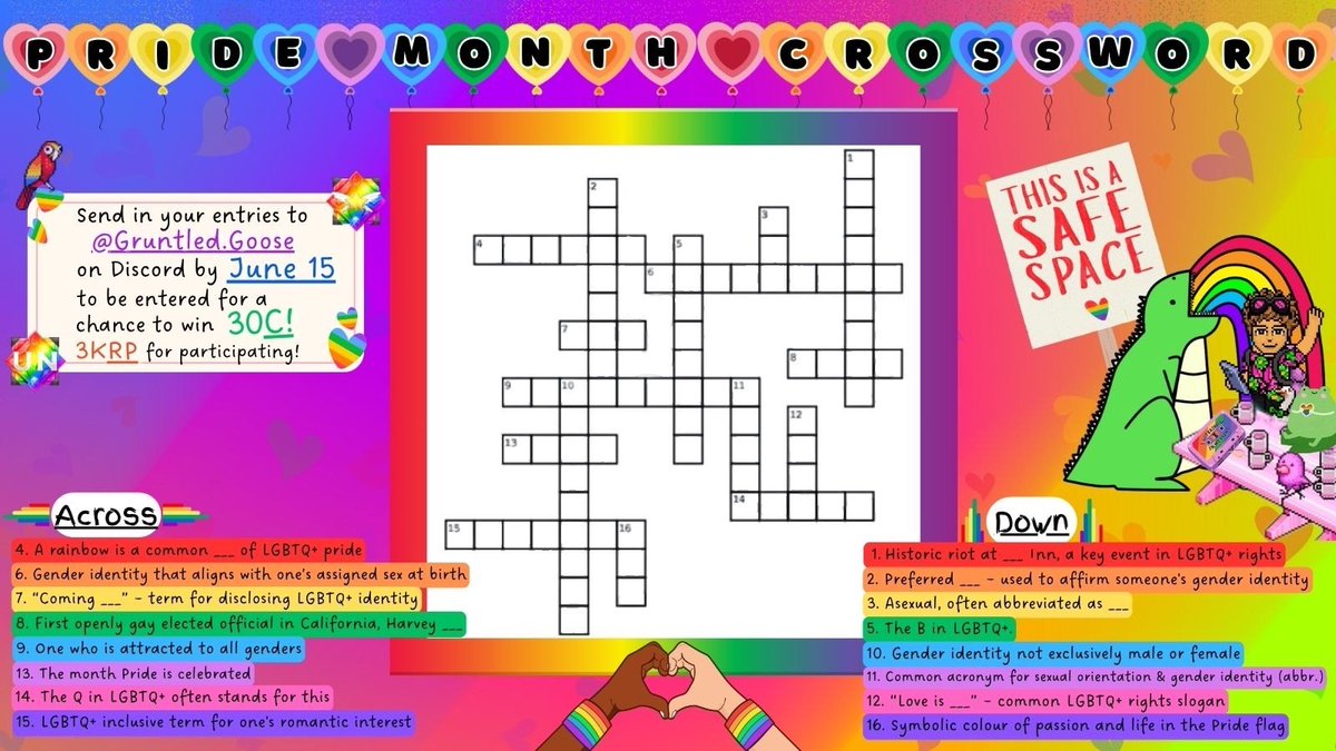🧩 Projects Team Presents..
🌈 Pride Month Crossword 🌈
Complete this crossword puzzle and send your entries to GruntledGoose to earn 3k RP and a chance to win 30c! You have until June 15th! Good luck! #habbo #habboUN