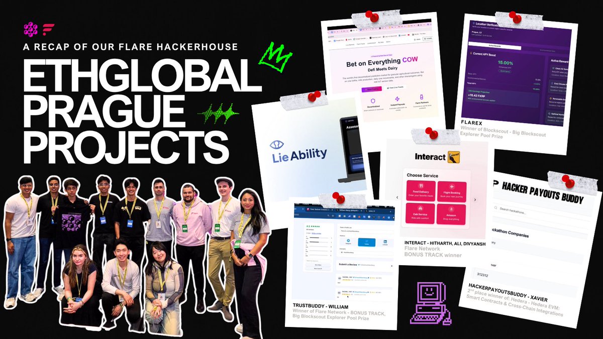 Here’s a recap of our ETHGlobal @ Prague projects from the Flare Hacker House! 🇨🇿
Huge thanks to <a href="/FlareNetworks/">Flare ☀️</a> for powering the vibes 🙌

🥇 TrustBuddy – Flare Bonus Track + BlockScout Explorer Pool Prize
by William

🥈 HackerPayoutsBuddy – 2nd place winner for Hedera: Smart