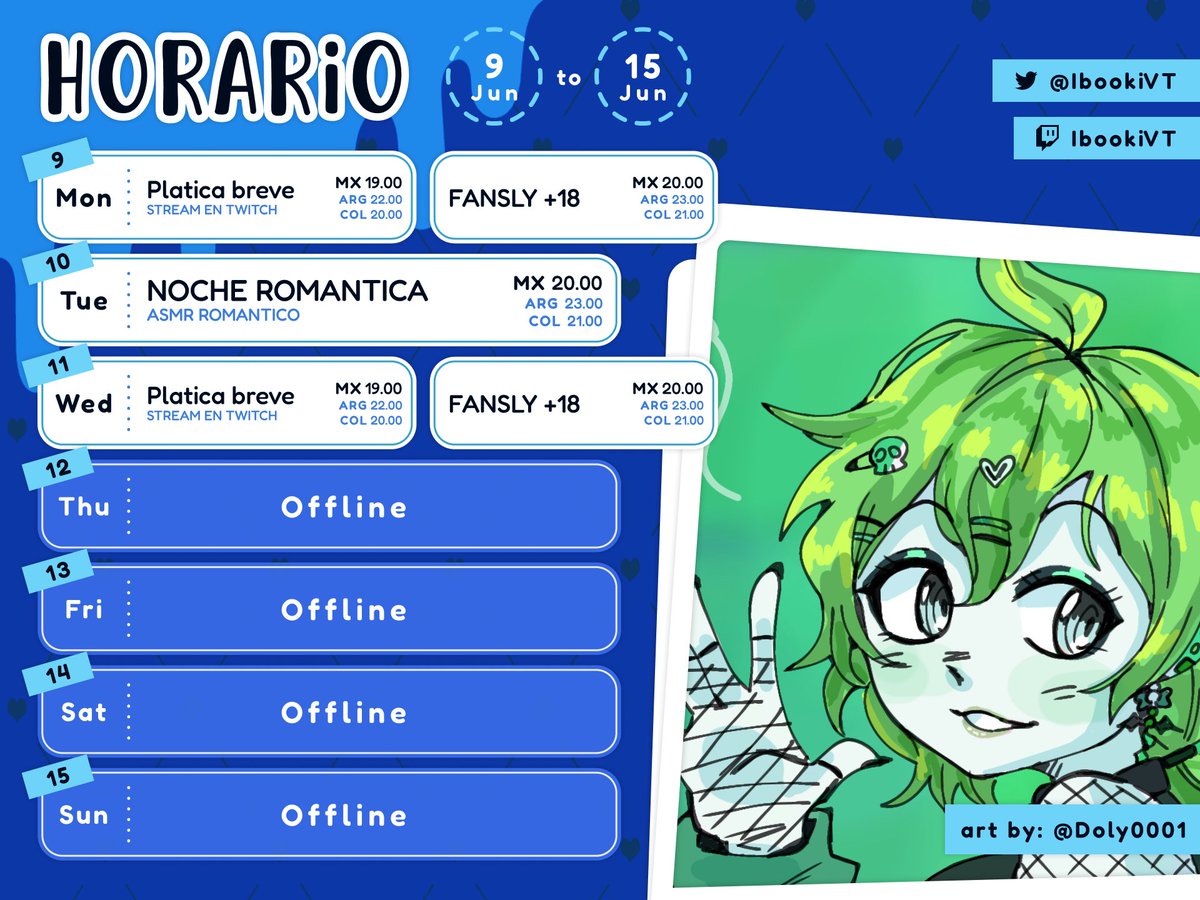 ♡.・`°★・°💙HORARIO DE LA SEMANA💙°・★°´・.♡

Esta semana será cortita en cuanto a directos PERO MUY INTENSA 🔞🔥
Como saben, tendré visita y los quiero compensar por la falta de directos la semana pasada🔞💦

Agradezco mucho tu LIKE ♡ y RT ↻! 
#Vtuber | #VtuberES | #ASMR