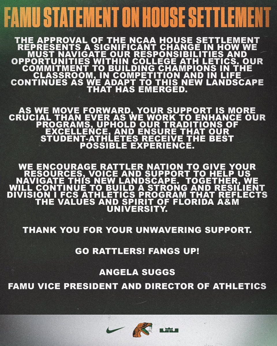 FAMU Statement on House Settlement

🔗 | tinyurl.com/msjnfnn5

#FAMU | #Rattlers | #FangsUp
