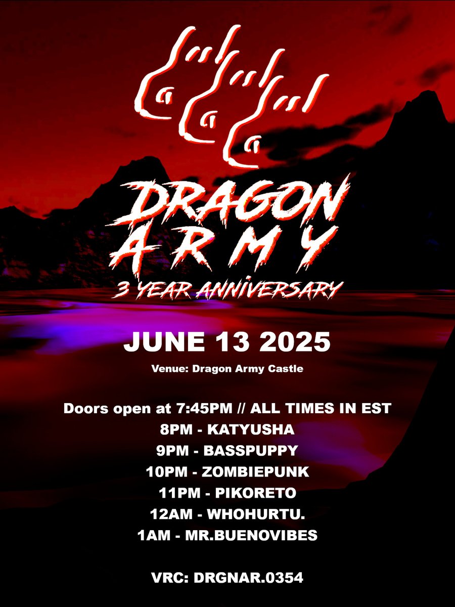 Almost 3 years ago, we founded Dragon Army and revealed our OG Castle.
This "Friday the 13th", we're going back to where it began!

🐉 Dragon Army 3 Year Anniversary!! 🐉

Join our group for instance access // Doors open at 7:45PM EST: vrc.group/DRGNAR.0354