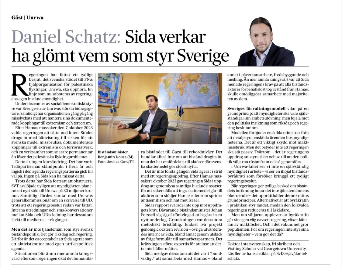 drdanielschatz's tweet image. 📣 Läs min nya text i @SvD: Regeringen har beslutat att stoppa stödet till UNRWA – på grund av organisationens kopplingar till extremism och dess roll i att permanenta det palestinska flyktingproblemet.
Detta var ett vallöfte. Ingen på Sida kan ha missat det. Ändå fortsätter…