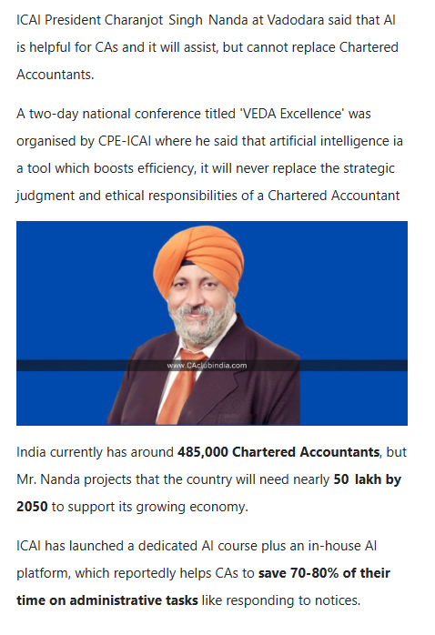 CAclubindia's tweet photo. AI Can Never Replace CAs: India Need 50 Lakh Chartered Accountants By 2050 🔥 #ICAI