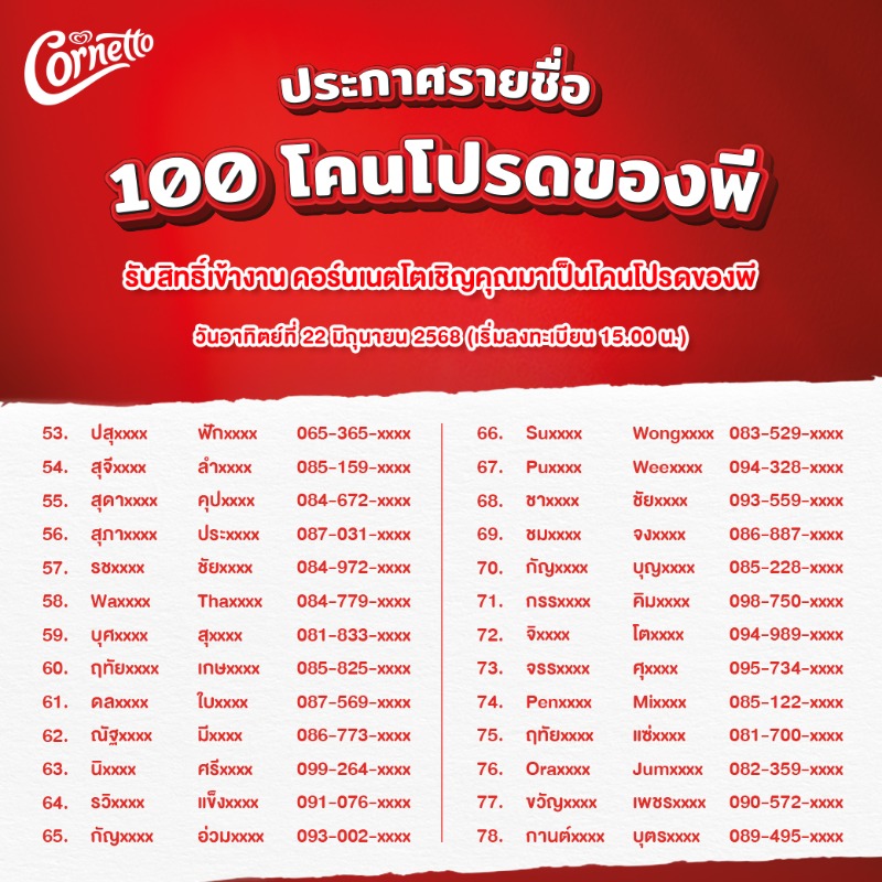 Cornetto_TH's tweet photo. 📣 คอร์นเนตโตพร้อมเสิร์ฟ! ประกาศรายชื่อผู้โชคดีทั้ง 100 ท่าน ที่จะได้รับสิทธิ์มาเป็น “โคนโปรดของพี” ได้เจอกับ "พีพี กฤษฏ์" และคอร์นเนตโต แอปเปิ้ลครัมเบิล ในวันที่ 22 มิ.ย. 68 😍

#แอปเปิ้ลครัมเบิลเสิร์ฟในโคนสุดพิเศษ #คอร์นเนตโตโคนโปรดของพี #CornettoAppleCrumble #CornettoThailand