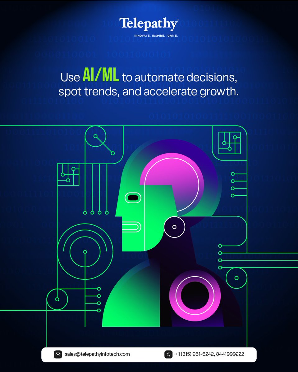 Telepathysocial's tweet image. Ready to unlock new business insights? Leverage AI/ML to automate your decisions, identify trends, and drive smarter growth.
Stay ahead of the competition by integrating intelligent technologies.
#MLSolutions #DataDriven #MachineLearning #PredictiveTech #Telepathy
