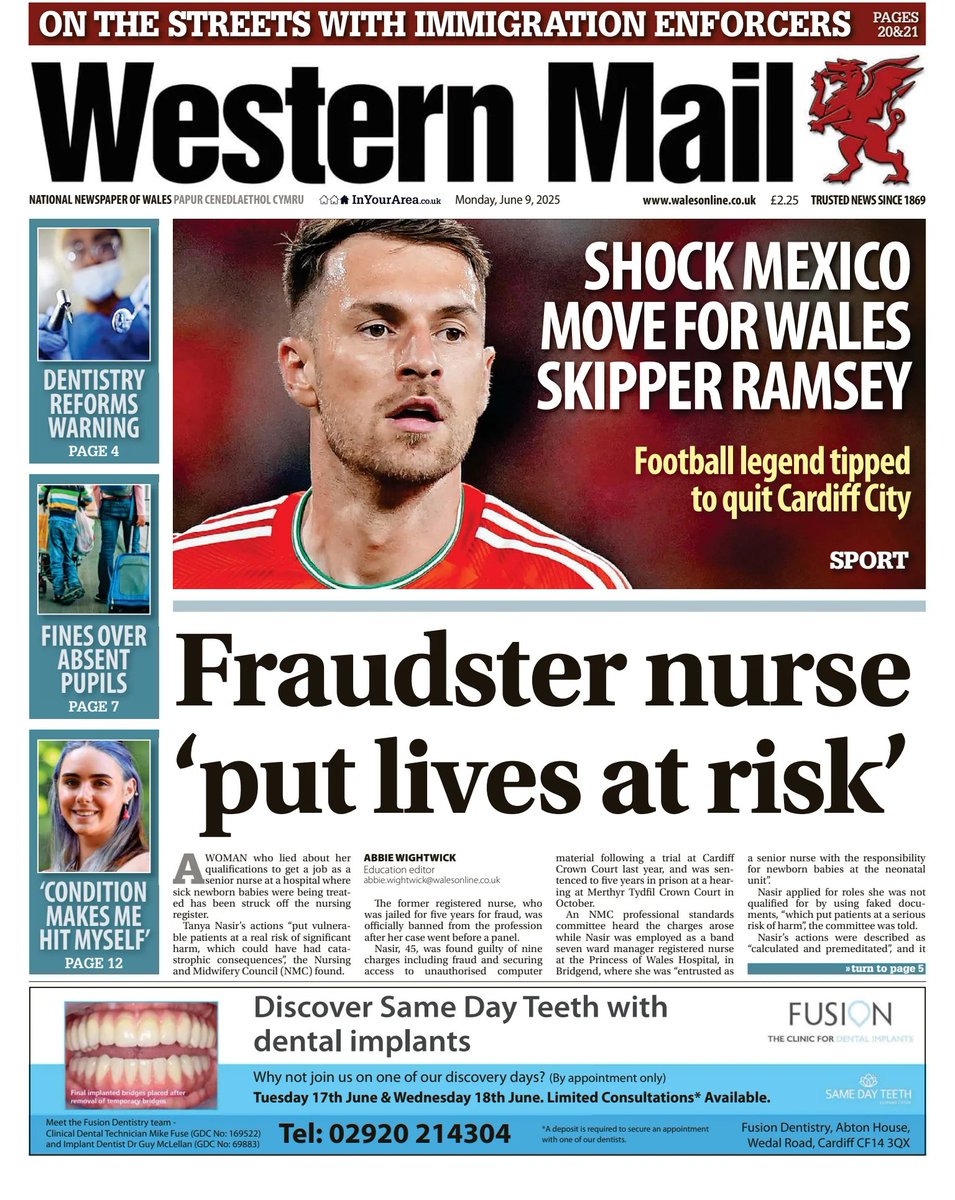 ๐ต๐๐๐๐ ๐ฟ๐๐๐๐ ๐๐๐๐๐ข ๐ฐ (@ukpapers) on Twitter photo ๐ฌ๐ง Fraudster Nurse 'Put Lives At Risk'
โซTanya Nasir was jailed after lying about her qualifications
โซ<a href="/AbbieWightwick/">Abbie Wightwick</a>
โซis.gd/69mKmQ
#frontpagestoday #UK <a href="/WalesOnline/">WalesOnline ๐ด๓ ง๓ ข๓ ท๓ ฌ๓ ณ๓ ฟ</a> ๐ฌ๐ง Fraudster Nurse 'Put Lives At Risk'
โซTanya Nasir was jailed after lying about her qualifications
โซ<a href="/AbbieWightwick/">Abbie Wightwick</a>
โซis.gd/69mKmQ
#frontpagestoday #UK <a href="/WalesOnline/">WalesOnline ๐ด๓ ง๓ ข๓ ท๓ ฌ๓ ณ๓ ฟ</a>