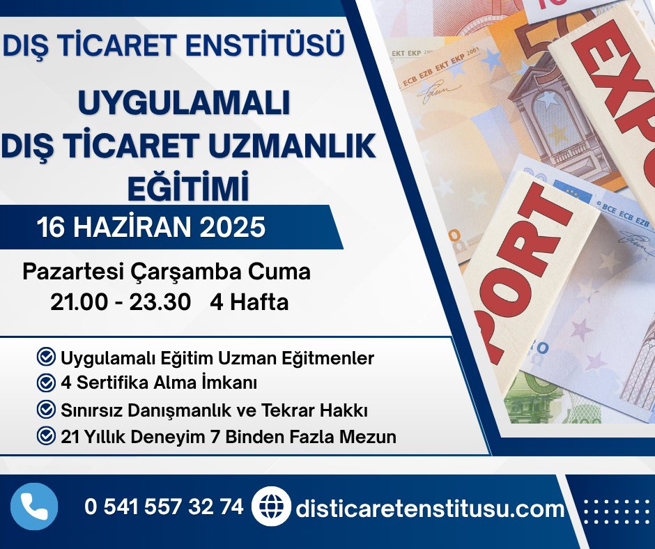 Uygulamalı Dış Ticaret Uzmanlık Eğitimi Online Sertifika Programı

Dış Ticaret Enstitüsü Uygulamalı Dış Ticaret Uzmanlık Eğitimi 16 Haziran 2025 Pazartesi günü başlayacaktır.
disticaretenstitusu.com/guncel-egitiml…
#dışticareteğitimi #dışticaretkursu