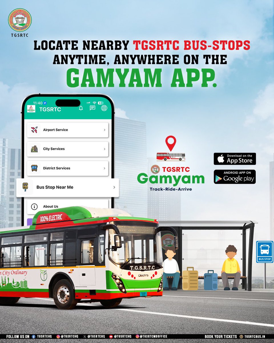 TGSRTC (@tgsrtchq) on Twitter photo Your daily commute just got smarter with the TGSRTC Gamyam app.
Track your ride and find nearby bus stops with ease.
<a href="/revanth_anumula/">Revanth Reddy</a> <a href="/Ponnam_INC/">Ponnam Prabhakar</a> <a href="/TelanganaCMO/">Telangana CMO</a> <a href="/SajjanarVC/">V.C. Sajjanar, IPS</a>
#TGSRTC #Telangana #Hyderabad #Gamyam #TakingTelanganaForward Your daily commute just got smarter with the TGSRTC Gamyam app.
Track your ride and find nearby bus stops with ease.
<a href="/revanth_anumula/">Revanth Reddy</a> <a href="/Ponnam_INC/">Ponnam Prabhakar</a> <a href="/TelanganaCMO/">Telangana CMO</a> <a href="/SajjanarVC/">V.C. Sajjanar, IPS</a>
#TGSRTC #Telangana #Hyderabad #Gamyam #TakingTelanganaForward