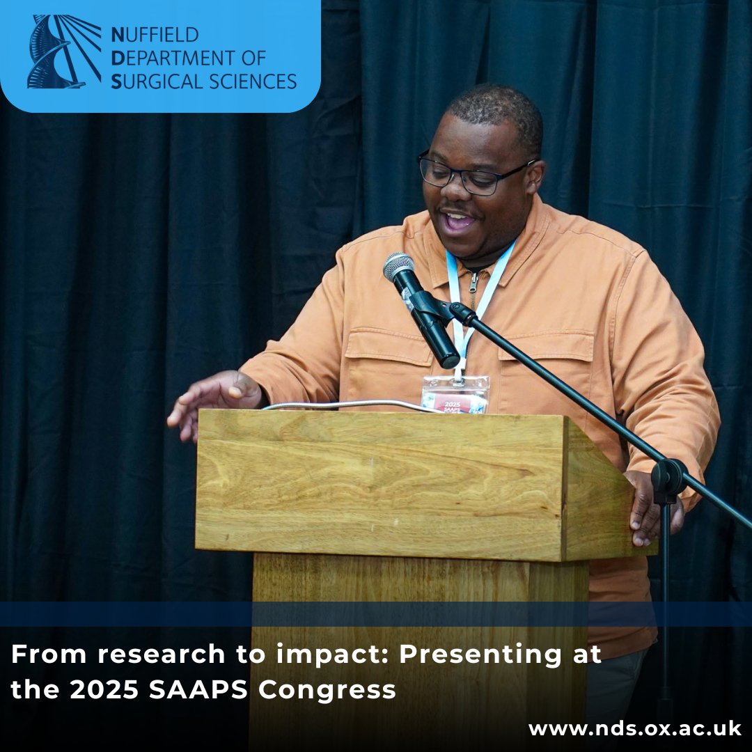 Nuffield Department of Surgical Sciences (@ndsurgicalsci) on Twitter photo Dr Dennis Mazingi from Oxford University Global Surgery Group recently presented at the 2025 South African Association of Paediatric Surgeons (SAAPS) Congress.
#SAAPS2025
Read more
➡️nds.ox.ac.uk/news/blog/rese… Dr Dennis Mazingi from Oxford University Global Surgery Group recently presented at the 2025 South African Association of Paediatric Surgeons (SAAPS) Congress.
#SAAPS2025
Read more
➡️nds.ox.ac.uk/news/blog/rese…