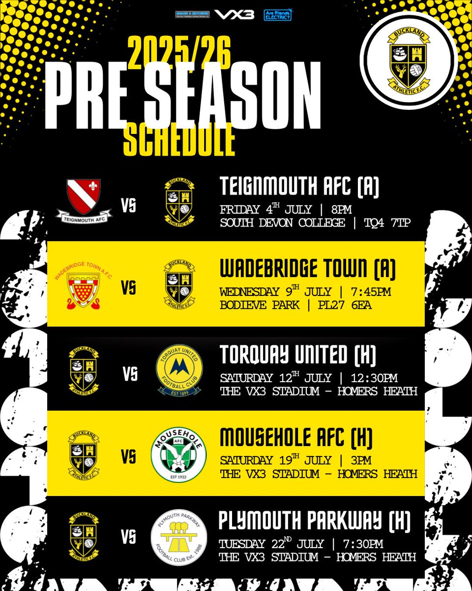 🗓️ | Pre-Season Schedule

Buckland Athletic FC are delighted to share our 2025/26 pre-season schedule that shall take place throughout July 🤝

25 days until we get underway 🫡

<a href="/TeignsFC/">Teignmouth AFC</a> | Wadebridge Town | <a href="/TUFC1899/">Torquay United FC</a> | <a href="/MouseholeAFC/">𝗠𝗢𝗨𝗦𝗘𝗛𝗢𝗟𝗘 𝗔𝗙𝗖</a> | <a href="/PlymouthPFC/">Plymouth Parkway FC</a> 

#UpTheBucks 🦌