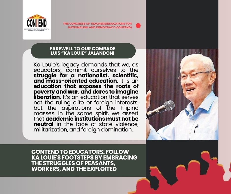 CONTEND TO EDUCATORS: FOLLOW KA LOUIE'S FOOTSTEPS BY EMBRACING THE STRUGGLES OF PEASANTS, WORKERS, AND THE EXPLOITED

Read: facebook.com/share/p/1BUpzp…

Long live the revolutionary legacy of Ka Louie Jalandoni!

#KaLouieLivesOn
#ServeThePeople
#JustAndLastingPeace
#NSMOEducation