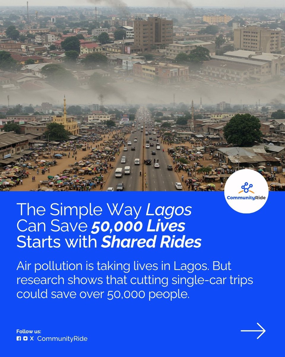CommunityRideNG's tweet photo. Over 50,000 lives and 362 million tonnes of COβ can be saved simply by sharing your ride.
Lagos, letβs clear the air together.
Download CommunityRide App. Ride for change. π
#CommunityRide #CleanAirLagos https://t.co/u2xjfVKAoW