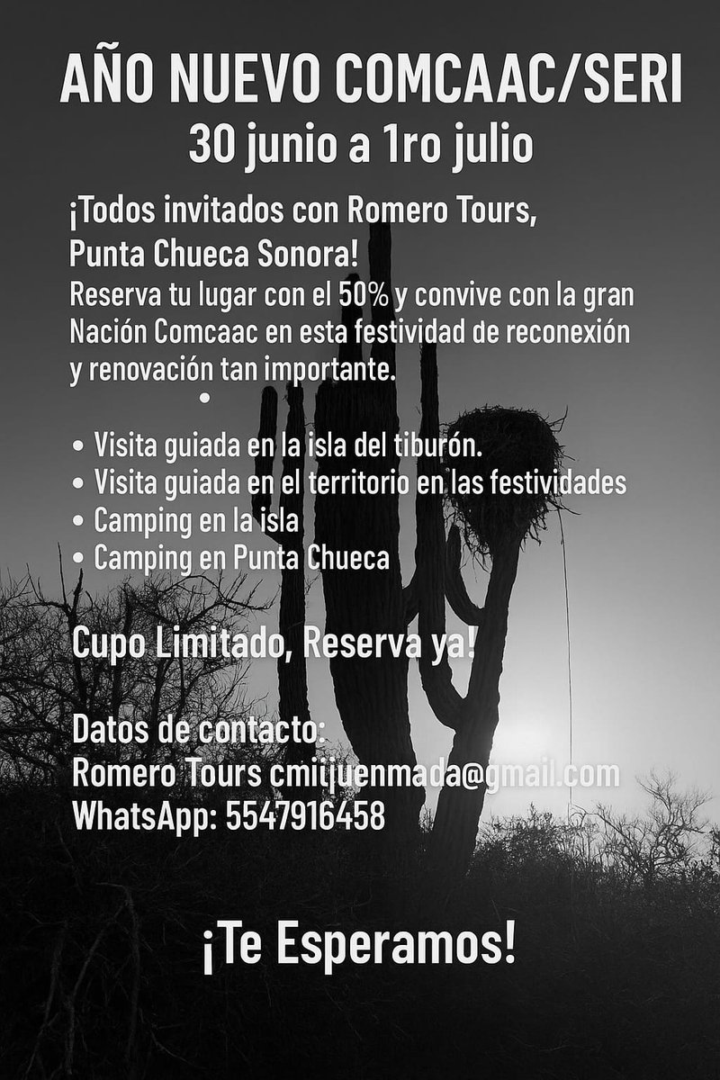 Más info por mensaje o WhatsApp. Si puedes apoyarnos a compartir también con gusto.
#turismo #Sonora #Mexico #indigenas #puntachueca #ceremonia #seris