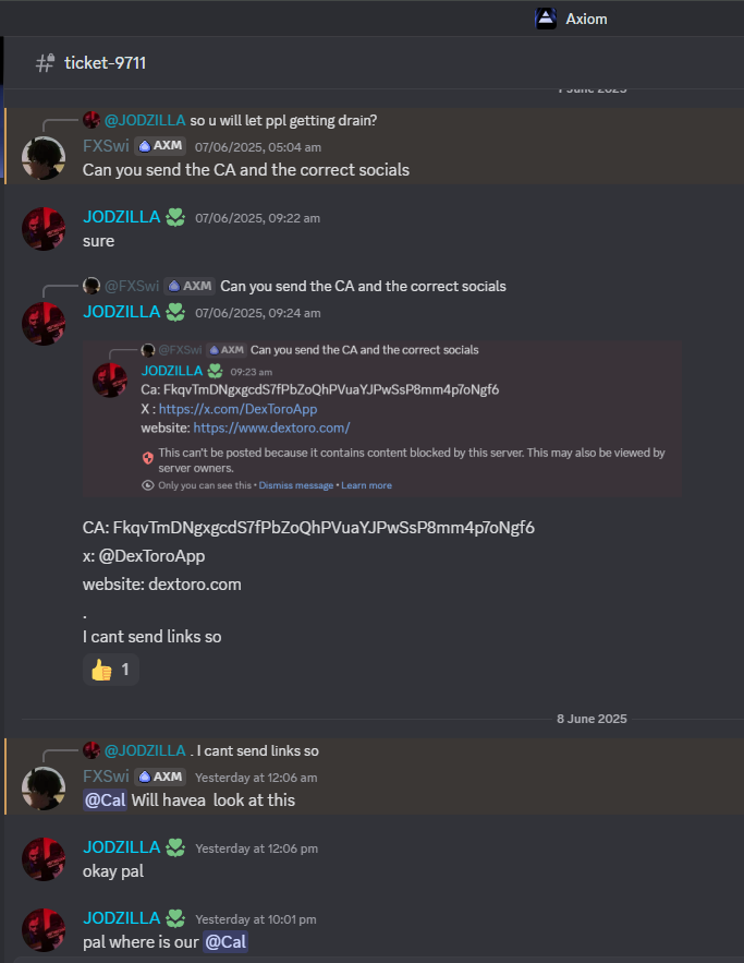Just talked with <a href="/AxiomExchange/">Axiom</a> team about changing links of @DexToroApp as right now, they have a drain link on socials (As dextoro was hijacked and attacker who paid dex, before team, added drain link.)

Hope they change it as soon as possible.